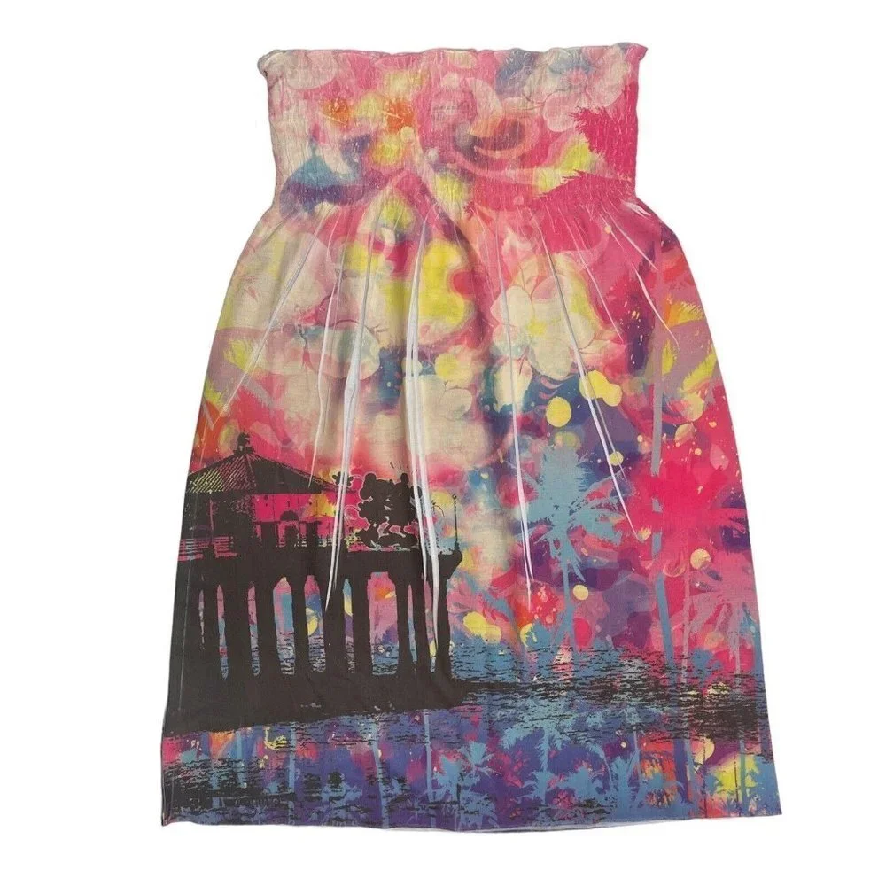 DISNEY Jerry Leigh Smocked Strapless Sun Dress Juniors M (7/9) Multi‎ Resort NWT